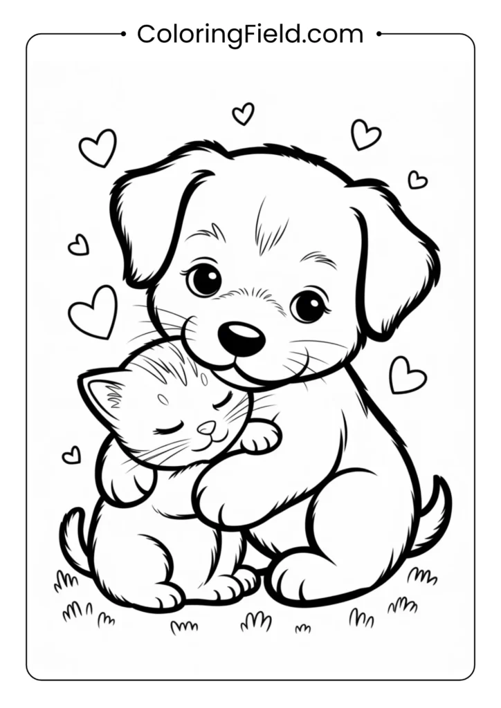 Puppy cuddling with a kitten coloring page featuring an adorable puppy and kitten snuggled together peacefully.