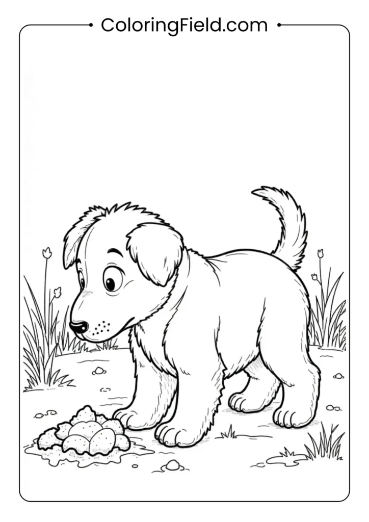Puppy digging in the garden coloring page featuring a playful dog pawing at the soil near flowers and garden tools.