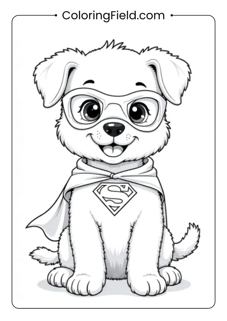 Puppy dressed as a superhero coloring page featuring a cute dog wearing a cape and mask, striking a heroic pose.