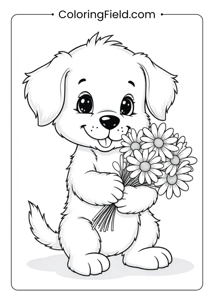 Puppy holding a bouquet of daisies coloring page featuring an adorable dog sitting happily with flowers in its mouth or paws.