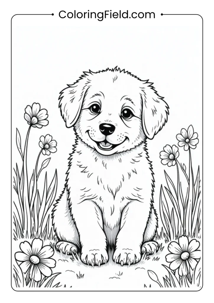 Puppy in a field of spring flowers coloring page featuring a happy dog surrounded by blooming flowers and butterflies in a sunny meadow.