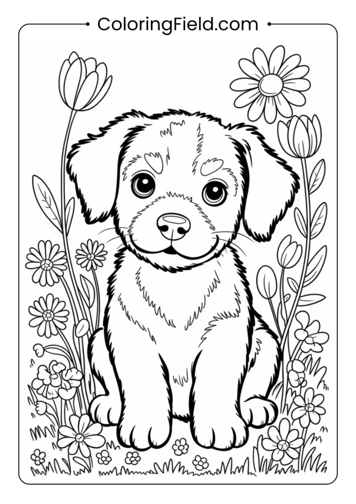 Puppy in a flower meadow coloring page featuring a playful dog surrounded by blooming flowers and fluttering butterflies.
