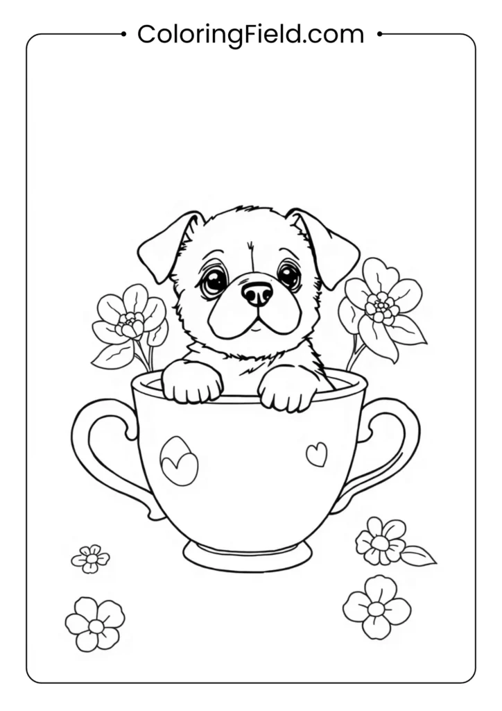 Puppy inside a teacup coloring page featuring an adorable small dog sitting comfortably inside a large teacup with a cute expression.