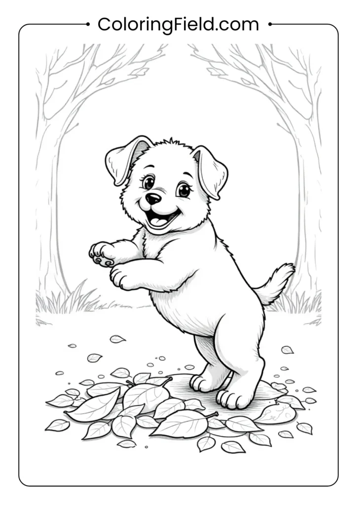 Puppy jumping into a pile of leaves coloring page featuring a playful dog leaping into a colorful autumn leaf pile.