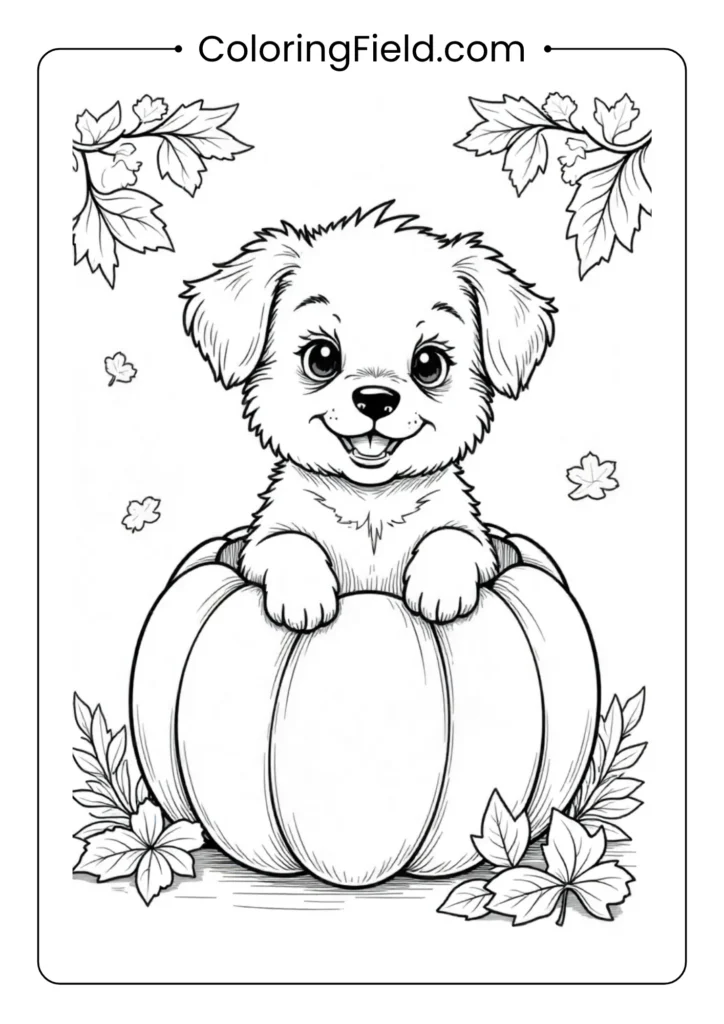 Puppy peeking out of a pumpkin coloring page featuring an adorable small dog poking its head out of a hollow pumpkin with a playful expression.
