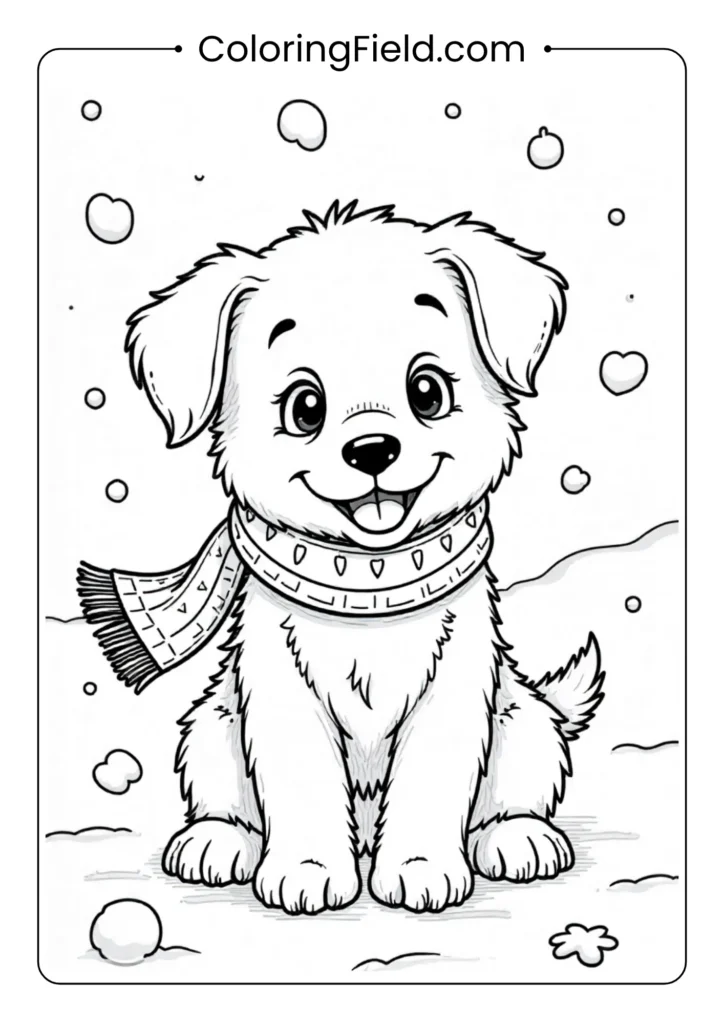 Puppy playing in the snow with a scarf coloring page featuring a joyful dog wearing a cozy scarf, frolicking in snowy surroundings.