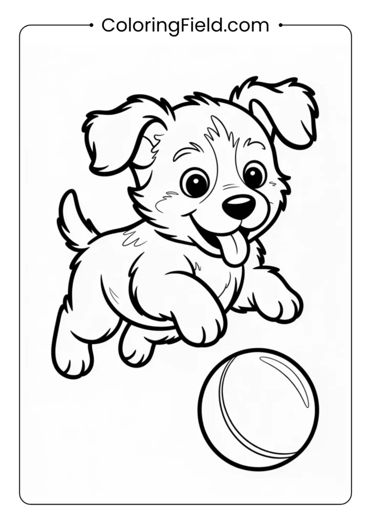 Puppy playing with a ball coloring page featuring a playful dog chasing or holding a round ball in a cheerful outdoor scene.
