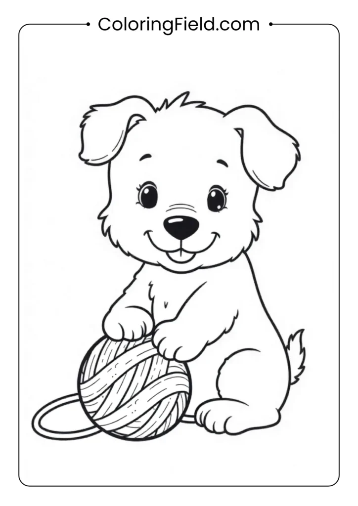 Puppy playing with a ball of yarn coloring page featuring a cute dog tangled in or batting at a rolling yarn ball.