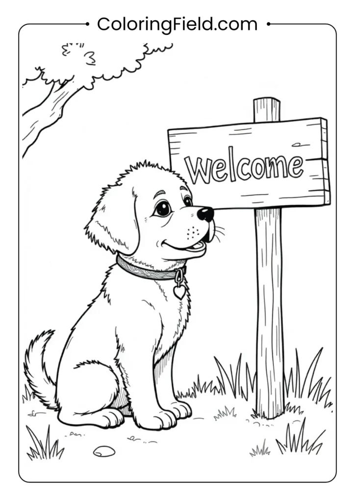Puppy sitting beside a welcome sign coloring page featuring a cute dog happily positioned next to a decorative “Welcome” sign surrounded by flowers or leaves.