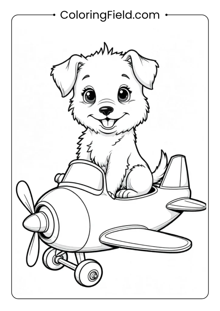 Puppy sitting in a toy airplane coloring page featuring an adorable dog piloting a small toy plane with a playful expression.