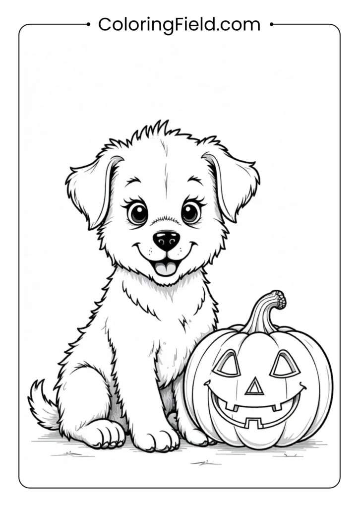 Puppy sitting next to a jack-o’-lantern coloring page featuring a cute dog happily sitting beside a carved Halloween pumpkin.