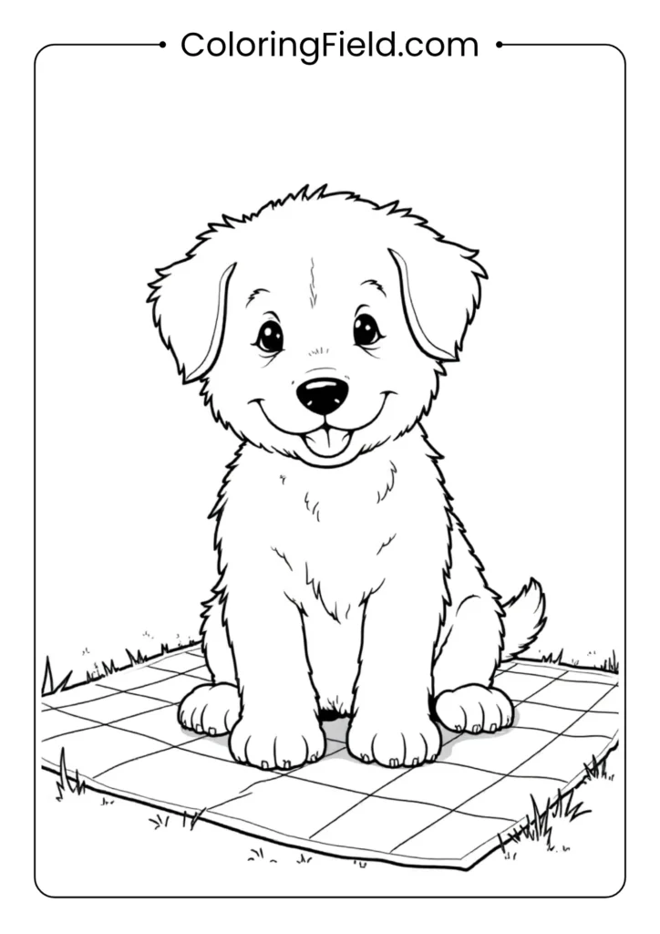 Puppy sitting on a picnic blanket coloring page featuring an adorable dog relaxing on a blanket surrounded by picnic items like a basket and food.