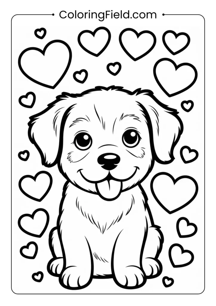 Puppy surrounded by hearts coloring page featuring a cute dog sitting or standing happily with hearts floating around.