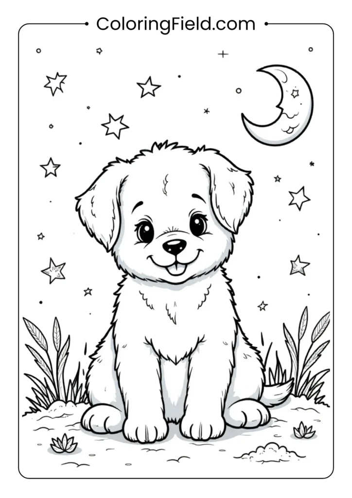 Puppy surrounded by stars and moon coloring page featuring a cute dog sitting under a night sky with stars and a crescent moon.