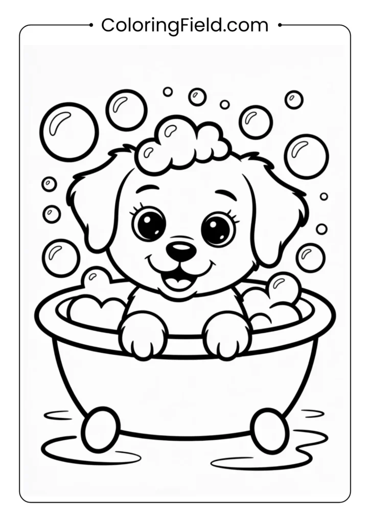 Puppy taking a bubble bath coloring page featuring an adorable dog surrounded by bubbles, soap, and a playful bath scene.