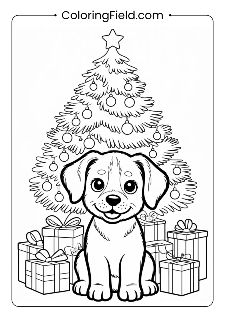Puppy under a Christmas tree with presents coloring page featuring a cheerful dog sitting beneath a decorated tree surrounded by wrapped gifts.