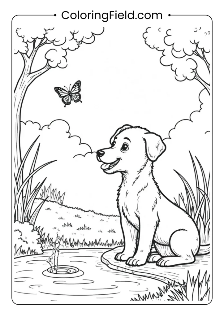 Puppy watching butterflies near a pond coloring page featuring an adorable dog observing fluttering butterflies by a calm pond surrounded by plants.