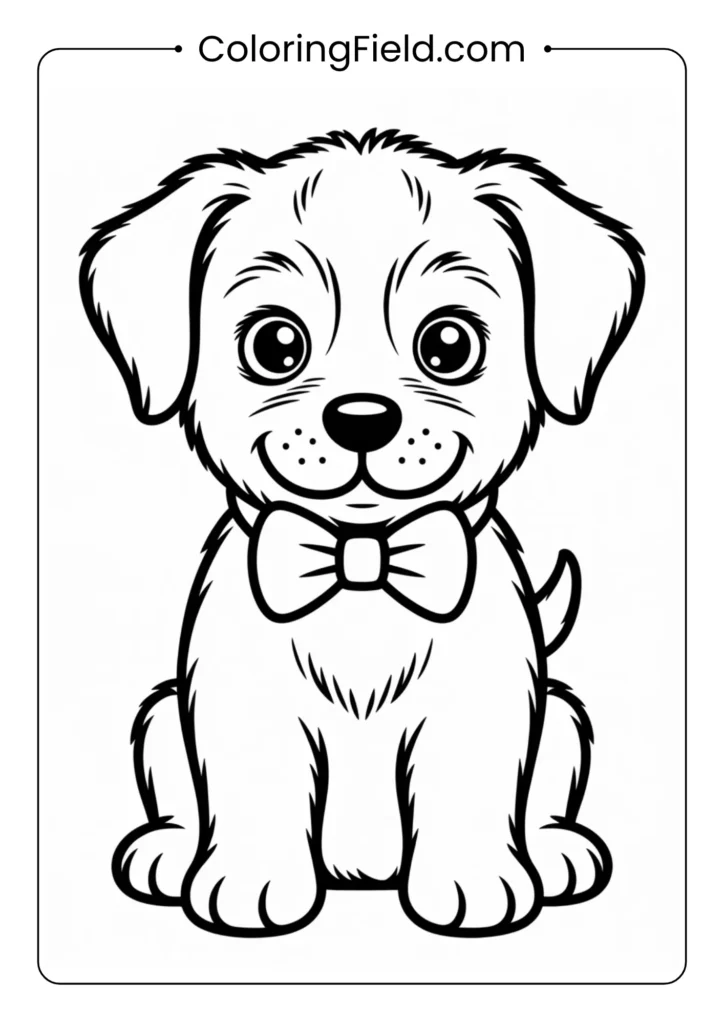Puppy wearing a bow tie coloring page featuring a cute dog dressed with a stylish bow tie, sitting or standing adorably.