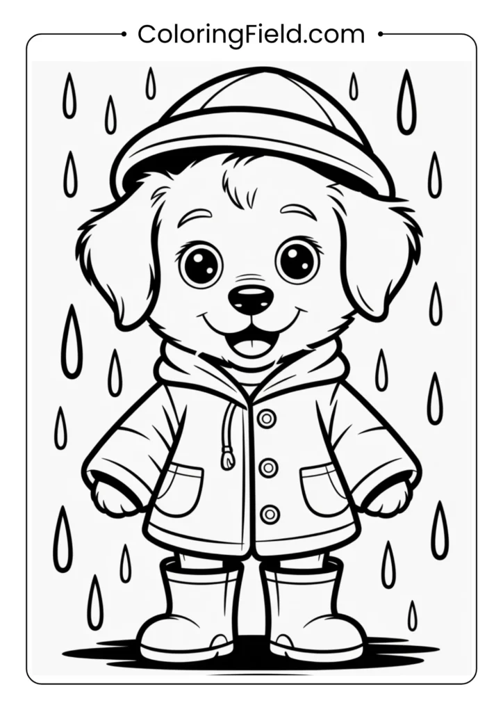 Puppy wearing a raincoat and boots coloring page featuring a cheerful dog dressed for rainy weather, standing among puddles with raindrops falling.