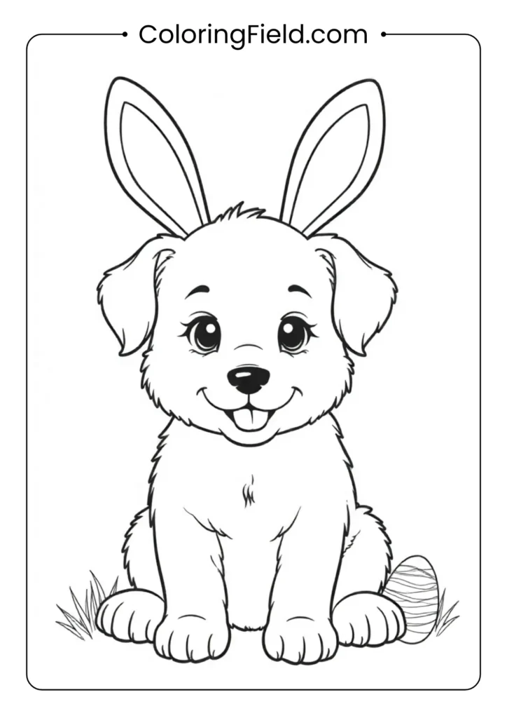Puppy wearing bunny ears coloring page featuring an adorable dog with playful bunny ears, sitting or standing cutely.
