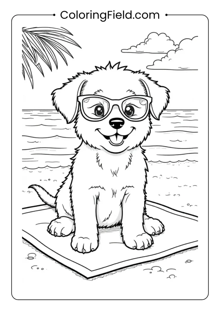 Puppy wearing sunglasses and relaxing on a towel coloring page featuring a cute dog lounging on a beach towel with sunglasses, enjoying a sunny day.