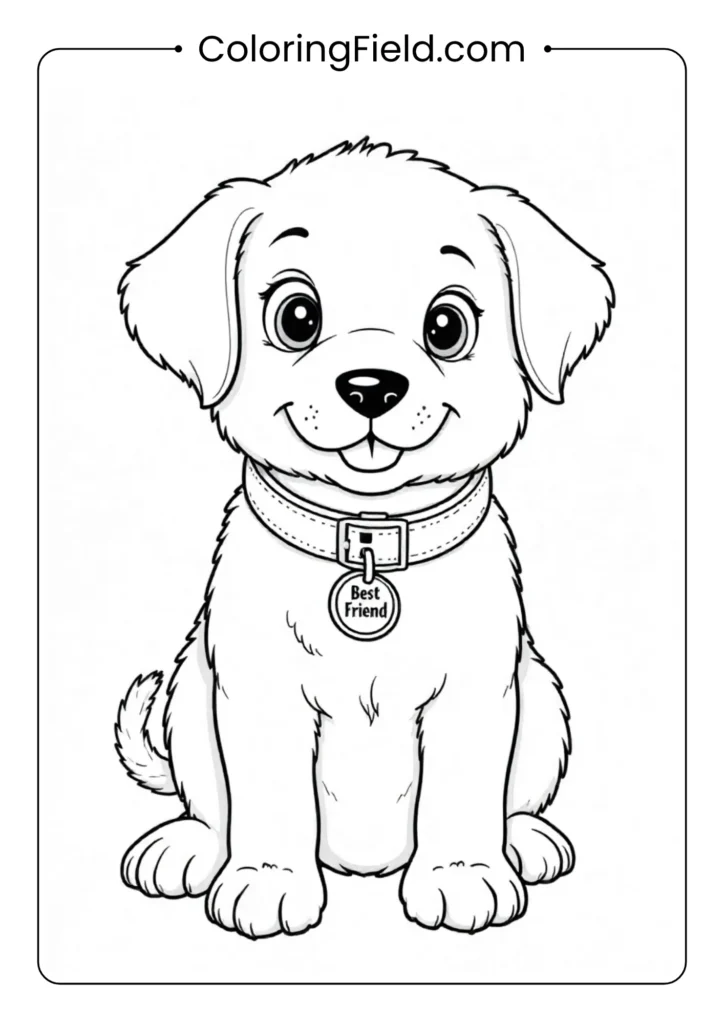 Puppy with a “Best Friend” collar tag coloring page featuring an adorable dog wearing a collar that says “Best Friend,” sitting happily.