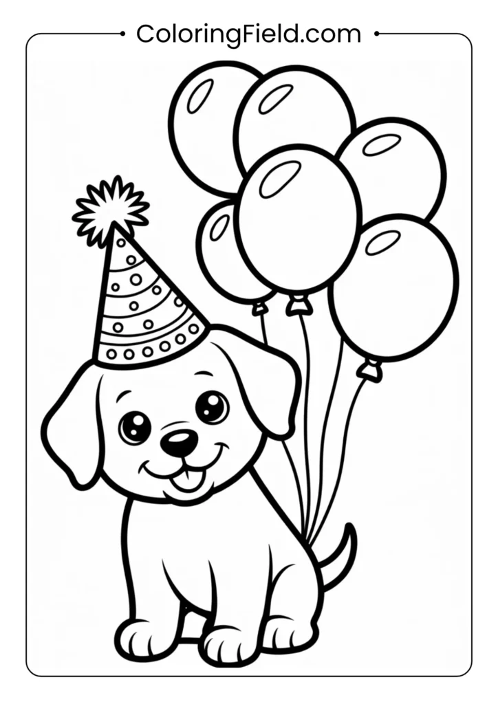 Puppy with a birthday hat and balloons coloring page featuring a cheerful dog wearing a party hat surrounded by floating balloons.