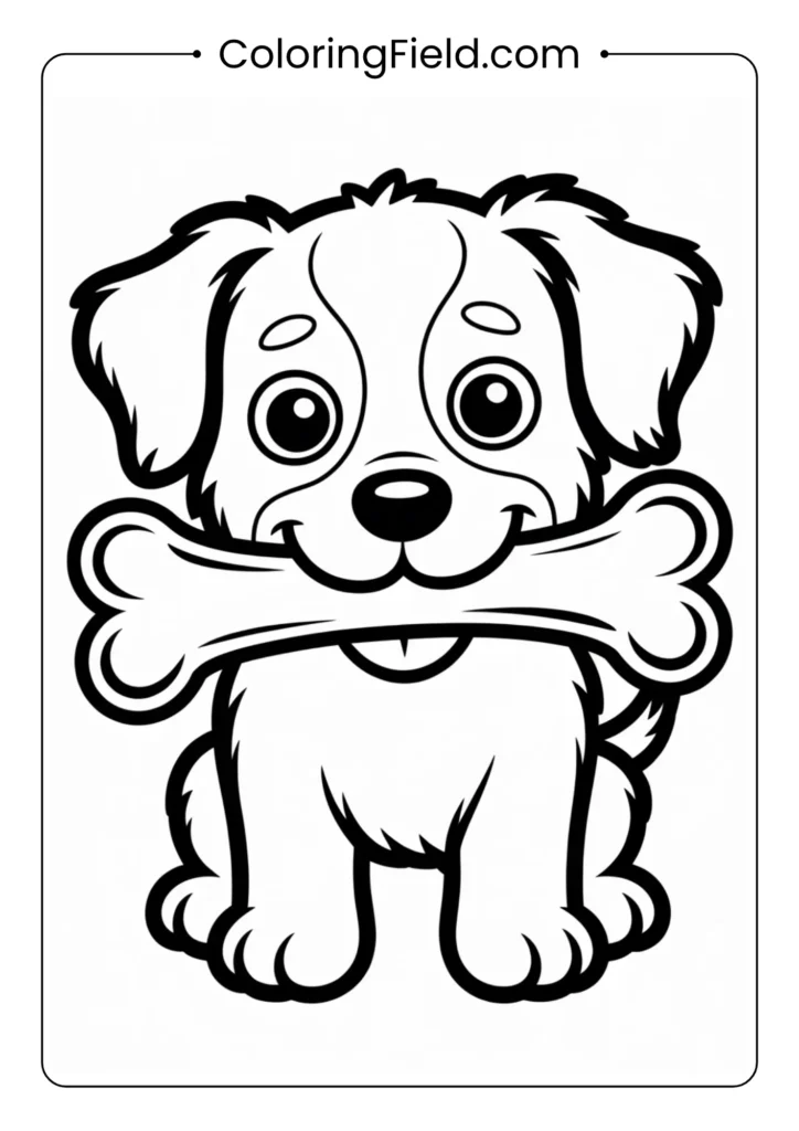 Puppy with a bone in its mouth coloring page featuring a cute dog happily holding a bone while sitting or standing.