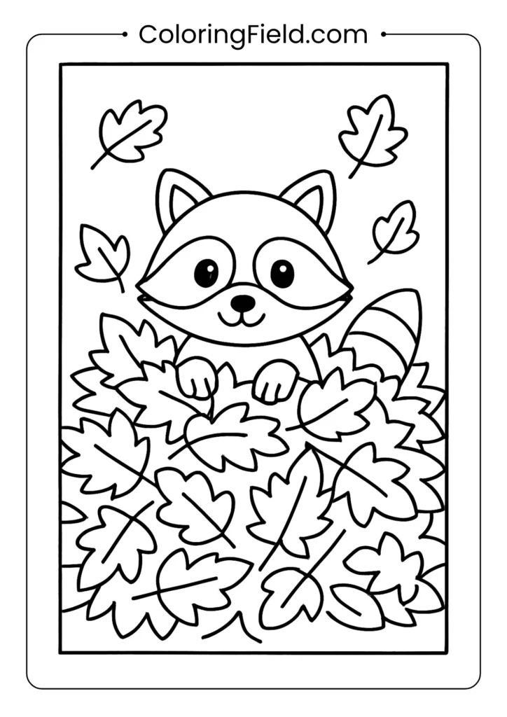 Raccoon in a leaf pile coloring page featuring a playful raccoon hiding and jumping in colorful autumn leaves.