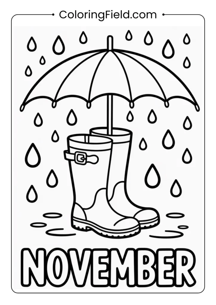 Pair of rain boots next to an open umbrella with raindrops falling around.