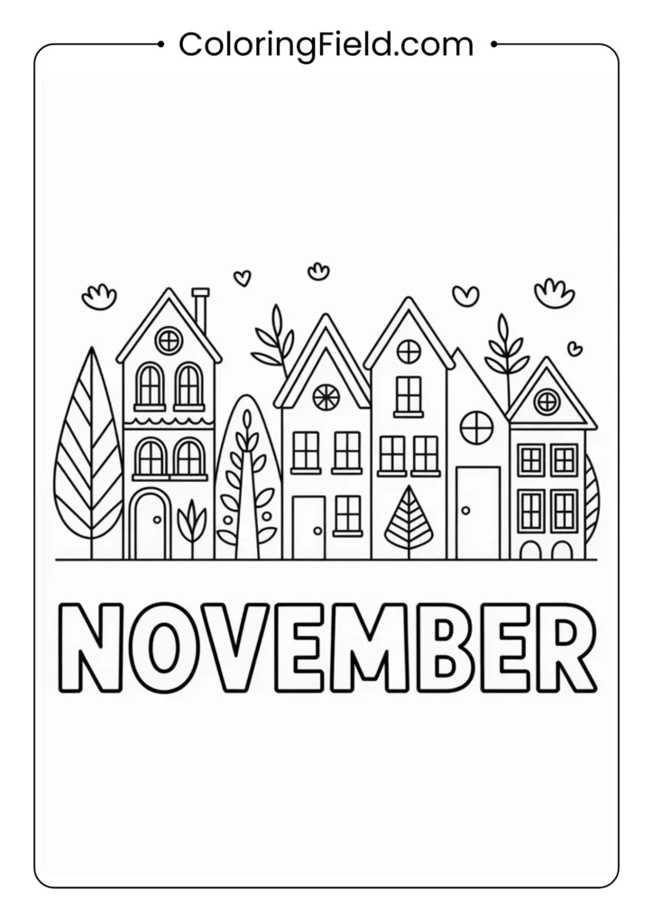 Row of colorful autumn houses and trees coloring page featuring cozy homes lined with fall foliage and swirling leaves.