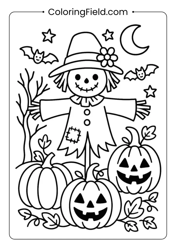 Scarecrow coloring page featuring a friendly fall scarecrow with a straw hat, overalls, and a harvest background.