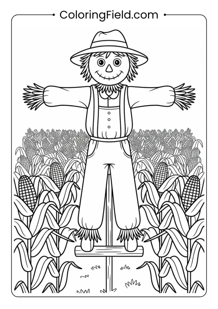 Scarecrow in the cornfield coloring page featuring a friendly scarecrow standing among tall corn stalks with a cheerful expression.