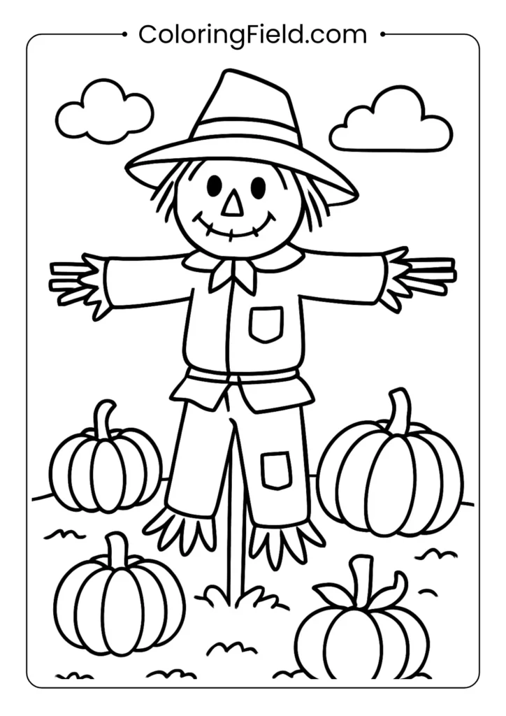 Scarecrow with pumpkins coloring page featuring a friendly scarecrow standing beside pumpkins and autumn cornstalks.