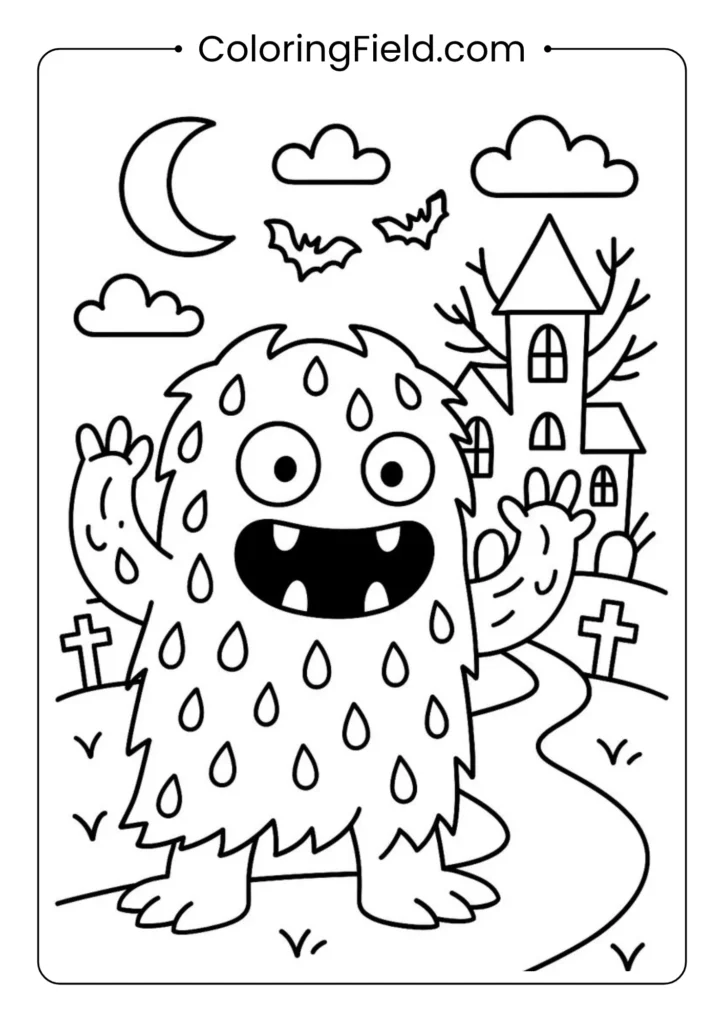 Scary monster coloring page featuring a creepy creature with sharp teeth and spooky Halloween details.