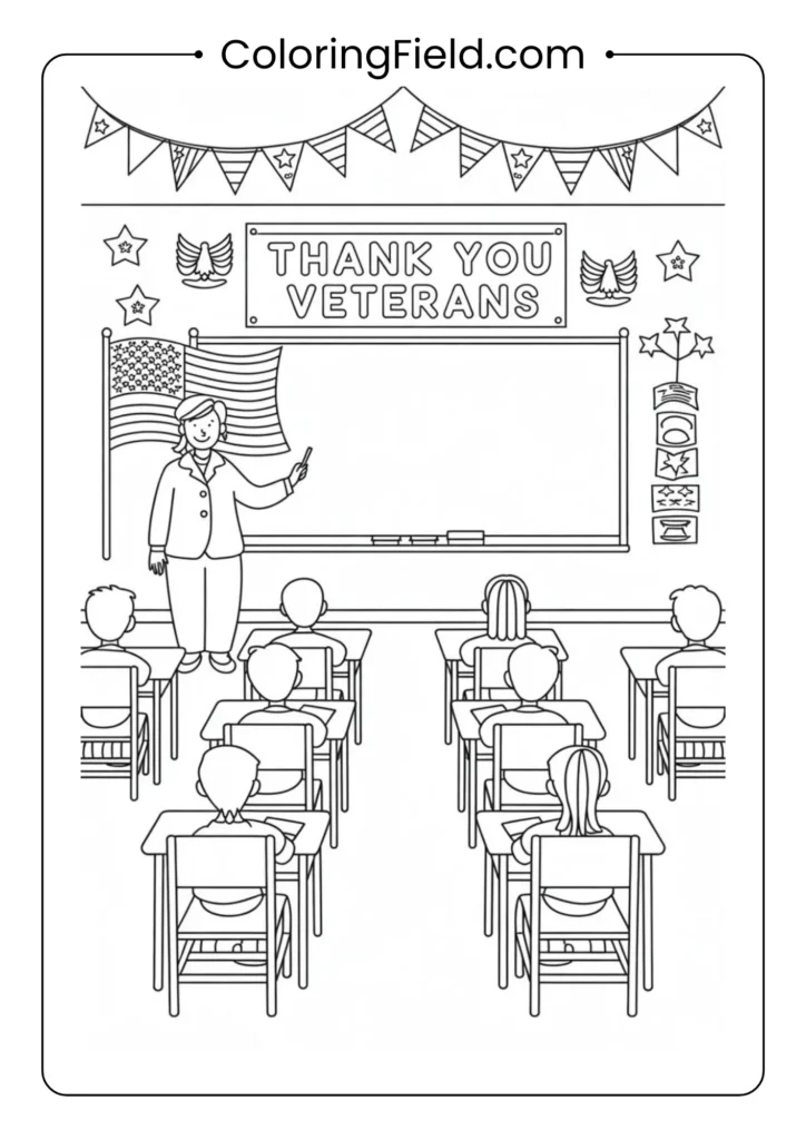 School classroom celebrating Veterans Day coloring page featuring students decorating with flags, stars, and thank-you posters for veterans.
