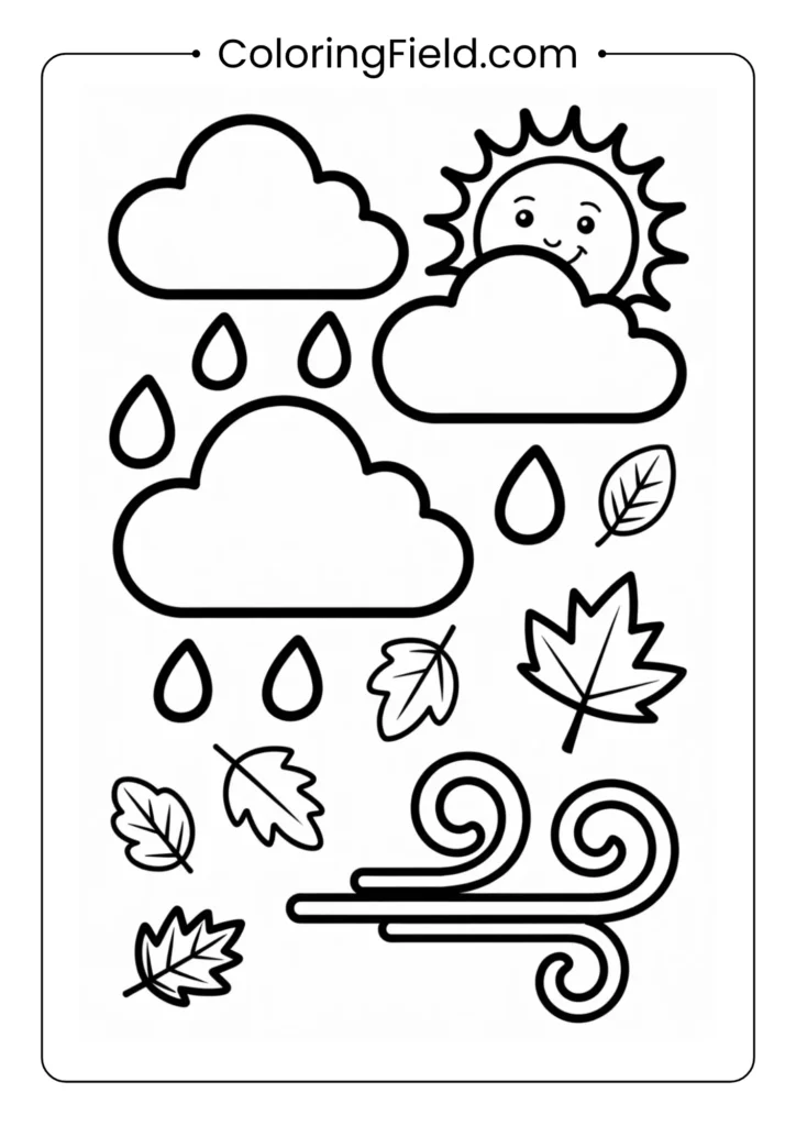 Simple weather in fall coloring page featuring sun, clouds, rain, and wind icons with autumn leaves and seasonal elements.