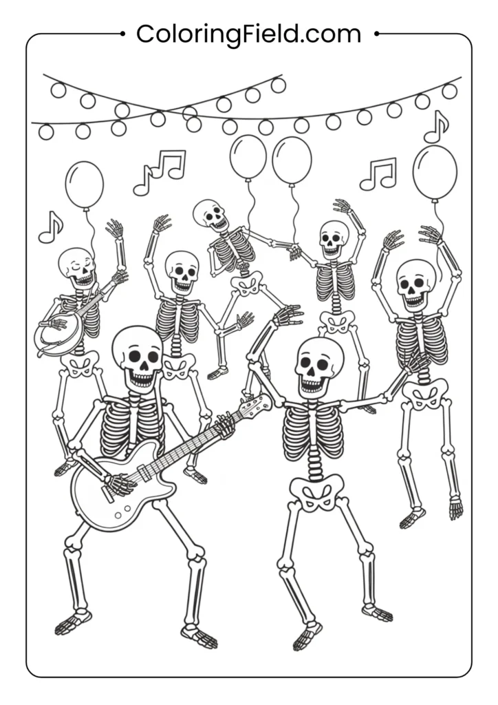 Skeleton dance party coloring page featuring happy dancing skeletons celebrating under the moonlight.