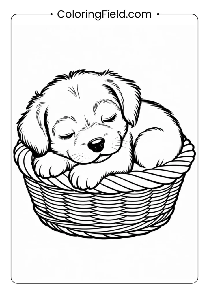 Sleeping puppy in a basket coloring page featuring an adorable dog curled up and resting peacefully inside a cozy basket.