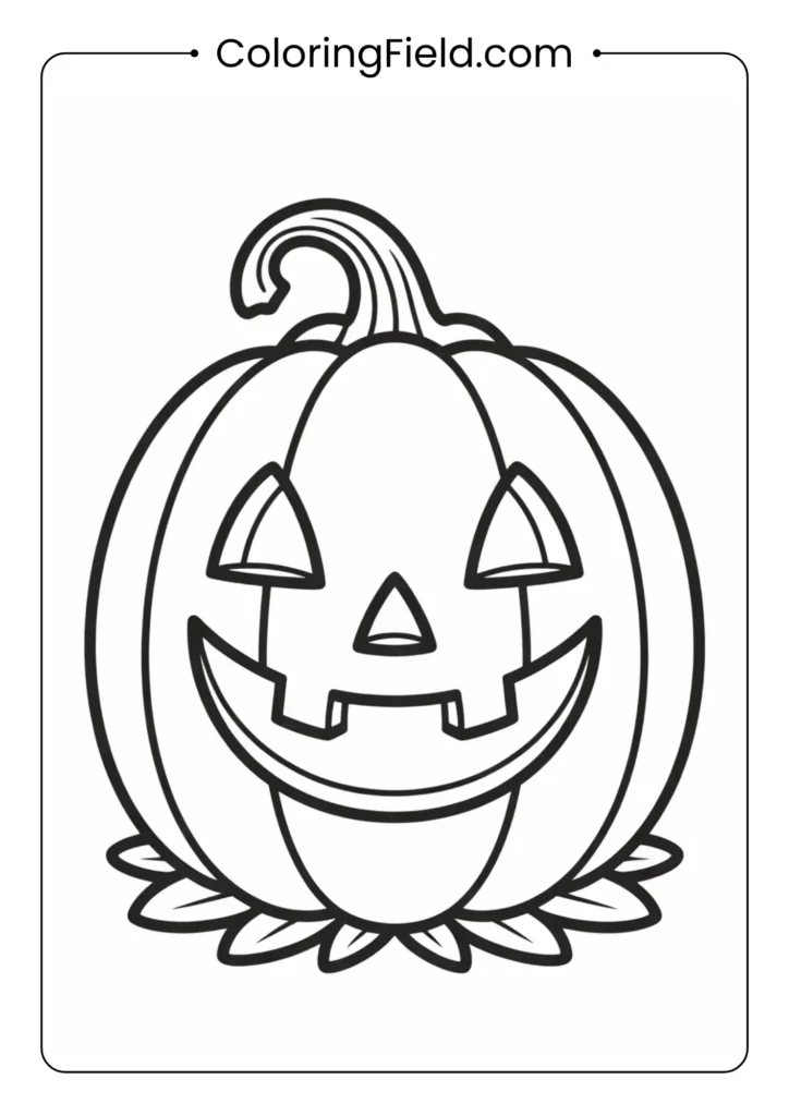 Smiling pumpkin coloring page featuring a cheerful pumpkin with a big smile, round eyes, and a cute stem.