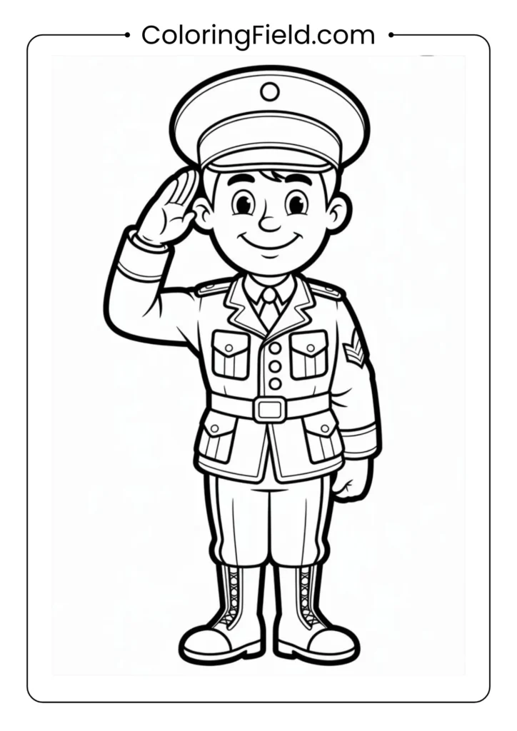 Smiling soldier saluting coloring page featuring a proud service member in uniform giving a respectful salute.