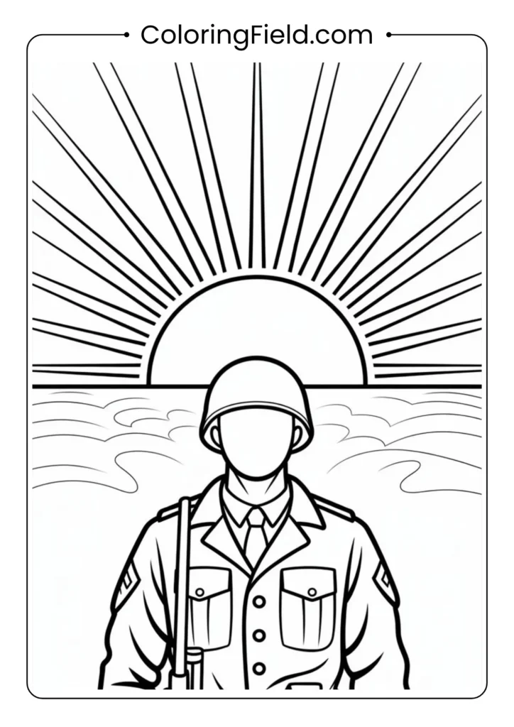 Soldier silhouette against a sunrise coloring page featuring the outline of a standing soldier with the sun rising over a peaceful horizon.
