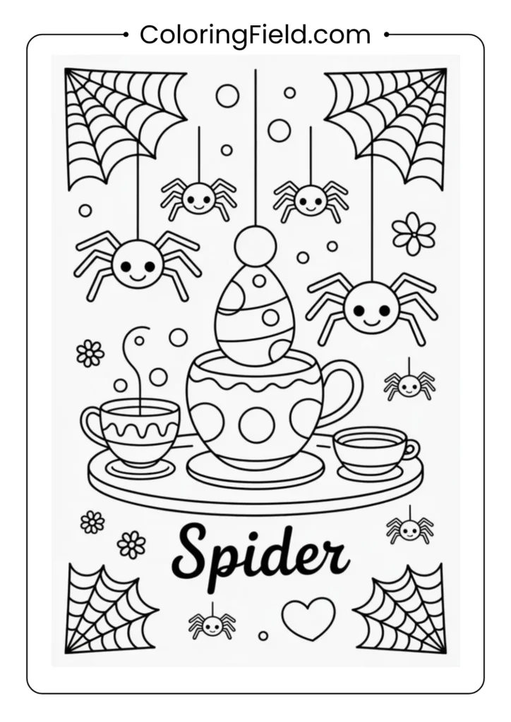 Spider tea party coloring page featuring friendly spiders enjoying tea, cookies, and cobweb decorations.