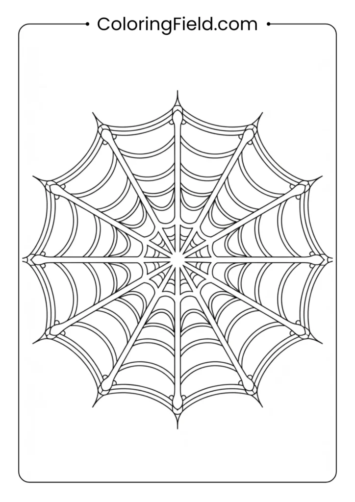 Spider web mandala coloring page featuring an intricate web design with symmetrical Halloween patterns.