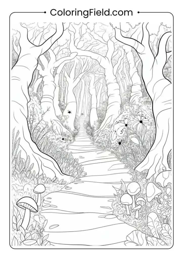 Spooky forest path coloring page featuring a mysterious trail through dark trees under a glowing moon.