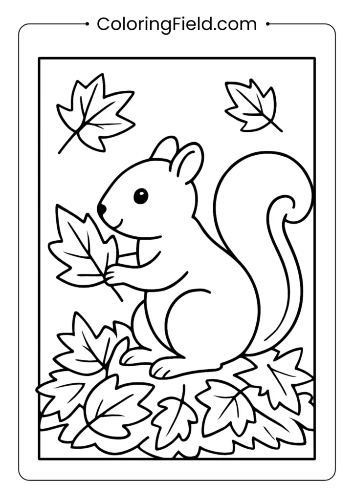 Squirrel gathering leaves coloring page featuring a cute squirrel collecting colorful autumn leaves in a cozy forest.