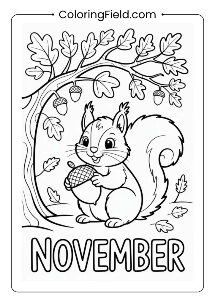 Cute squirrel sitting upright while holding a large acorn in its paws.