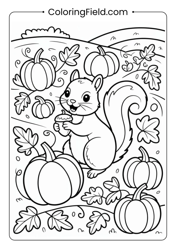 Squirrel in a pumpkin patch coloring page featuring a cute squirrel gathering acorns among pumpkins and autumn leaves.