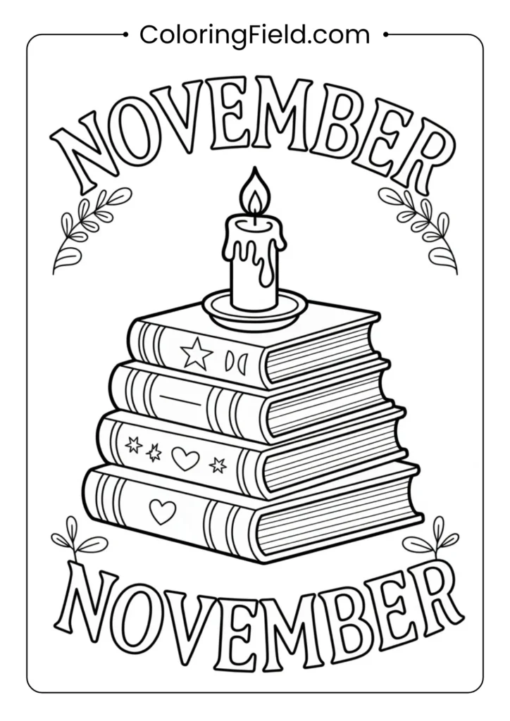 Stack of books and a candle for cozy reading time coloring page featuring neatly piled books beside a softly glowing candle.