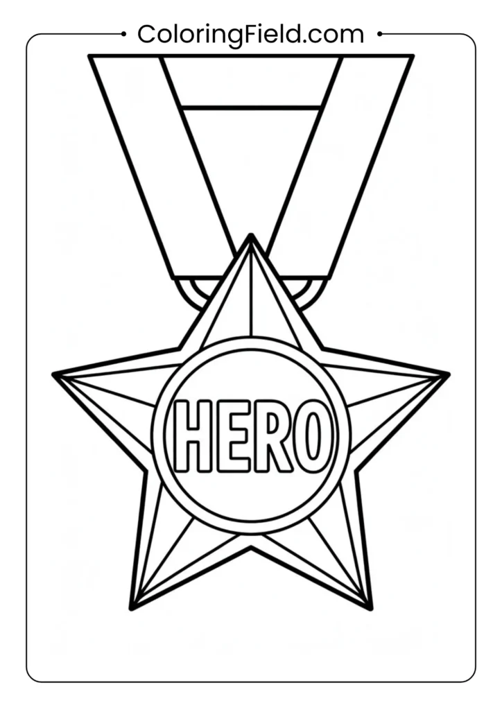 Star medal with “Hero” sign coloring page featuring a detailed five-pointed medal hanging from a ribbon with the word “Hero” displayed below.